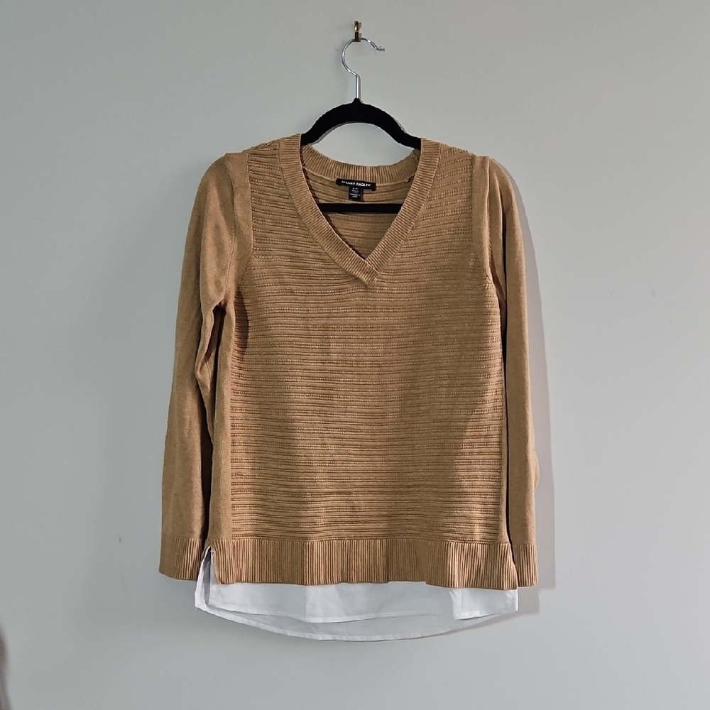 2/$20 Hilary Radley - Tan V-Neck Sweater with Layered Look - Size Small